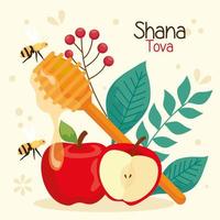 celebração de Rosh Hashaná, ano novo judaico, com maçãs e decoração vetor