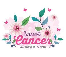 símbolo do mês mundial da conscientização do câncer de mama em outubro com folhas, flores e borboletas vetor