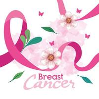 fita rosa, símbolo do mês mundial da conscientização do câncer de mama em outubro, com decoração de flores, folhas e borboletas vetor