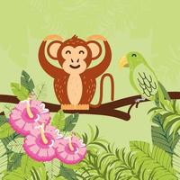 macaco, flores e folhas vetor