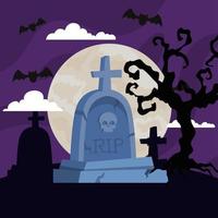 banner feliz halloween com lápide, árvore seca, morcegos voando na noite escura vetor