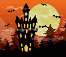 feliz dia das bruxas fundo com castelo assombrado, morcegos voando e lua cheia no céu laranja vetor