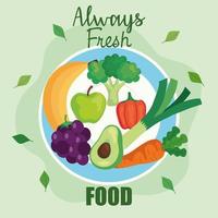 banner sempre alimentos frescos, frutas e vegetais, conceito de alimentos saudáveis vetor