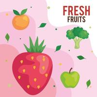 banner com frutas frescas e brócolis, conceito de comida saudável vetor