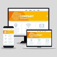 mockup responsive web, desenvolvimento de site de conceito em computador desktop, smartphone e laptop vetor