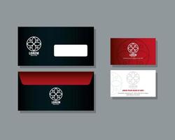 maquete de marca de identidade corporativa, envelopes e cartões de visita de maquete vermelha com placa branca vetor