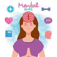 conceito de saúde mental, mulher com mente e ícones saudáveis vetor