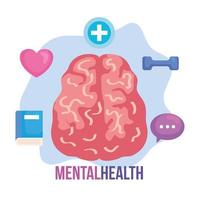 conceito de saúde mental, com cérebro, mente positiva com ícones saudáveis