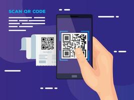 mão e smartphone com código de leitura qr vetor