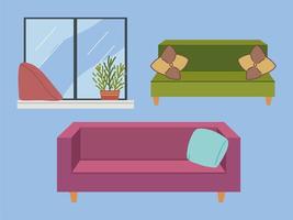 sofá, janela e planta vetor