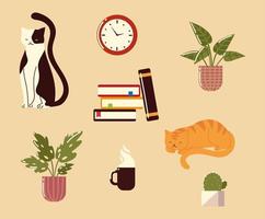 conjunto de relógio, planta, livros, xícara de café, cactos e gatos vetor