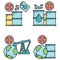 Pare usar barril óleo indústria, mundo óleo poluição de petróleo conceito ícone, verde eco terra desenho animado plano vetor ilustração, isolado em Preto.