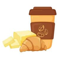 francês croissant com café xícara, café da manhã manteiga padaria produtos ícone, conceito desenho animado orgânico bebida Comida vetor ilustração, isolado em branco.
