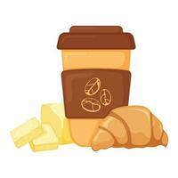 francês croissant com café xícara, café da manhã manteiga padaria produtos ícone, conceito desenho animado orgânico bebida Comida vetor ilustração, isolado em branco.