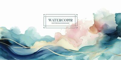 vetor de fundo de arte em aquarela. design de papel de parede com pincel e arte de linha de ouro. ilustração em aquarela de tons de terra azul, rosa, marfim, bege para impressões, arte de parede, capa e cartões de convite.