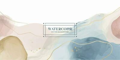 vetor de fundo de arte em aquarela. design de papel de parede com pincel e arte de linha de ouro. ilustração em aquarela de tons de terra azul, rosa, marfim, bege para impressões, arte de parede, capa e cartões de convite.