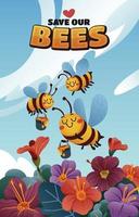 três abelhas colhem mel de flores no jardim vetor