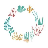 colorida desenhado à mão marinho plantas, algas marinhas e corais dentro uma volta forma. vetor
