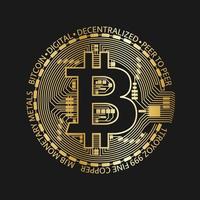 moeda bitcoin dourada, símbolo dourado da criptomoeda vetor isolado no fundo preto, tecnologia blockchain