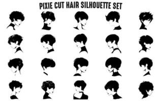 duende cortar cabelo silhuetas vetor definir, garotas penteados silhuetas, mulheres cabelo silhueta coleção, cabelo Preto silhuetas ilustração