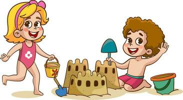 crianças fazer areia castelo às a de praia vetor