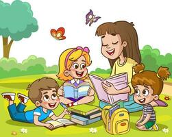 professor lendo livros para crianças crianças e professor dentro a parque vetor ilustração