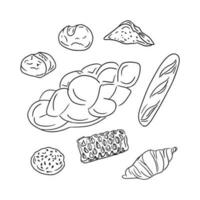 mão desenhado rabisco ilustração do esboço padarias. vetor isolado pastelaria tal Como rosquinha, croissant, baguete, Hala, sopro e pãezinhos. único mão desenhado Projeto ideal para coloração Páginas, tatuagem, invólucro