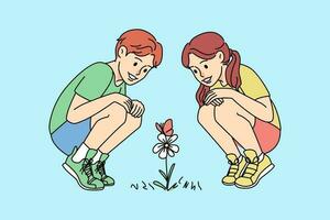 feliz crianças olhando às flor interessado dentro botânico. sorridente menina e Garoto apreciar natureza. jovem biólogos conceito. vetor ilustração.