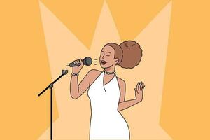 jovem africano americano mulher cantando dentro microfone em estágio. feliz birracial menina ter Diversão cantar karaokê. entretenimento e passatempo conceito. vetor ilustração.