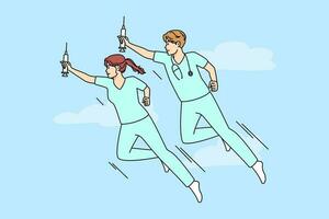 médicos dentro uniformes Como Super-heróis vôo com seringas para Socorro paciente. médico profissionais evita doenças e pandemia. cuidados de saúde e remédio. vetor ilustração.