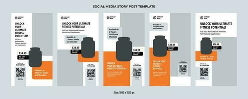 Academia e musculação suplemento produtos social meios de comunicação história postar modelo vetor