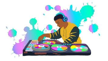 africano americano dj jogando música em dj toca discos às Festa. dj equipamento, dj rotaciona colori música vinil discos. vetor ilustração isolado em branco fundo