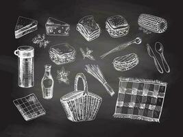 uma conjunto do desenhado à mão esboços do churrasco e piquenique elementos em quadro-negro fundo. rabisco vintage ilustração. gravado imagem. vetor