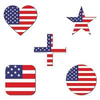 vários americano bandeiras conjunto isolado em branco fundo. realista americano bandeira em estrela, coração, círculo, poste bandeira e diferente formas rótulos. patriótico EUA 3d Renderização símbolos vetor ilustração.