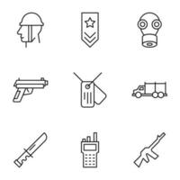 coleção do vetor isolado sinais desenhado dentro linha estilo. editável AVC. ícones do dragona, pistola, gás mascarar e de outros símbolos do exército