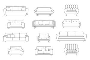 uma conjunto do sofás, pufes. coleção do estofado mobília para a lar. ícones, esboço, vetor