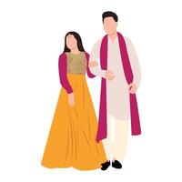 vetor vetor fofa indiano casal desenho animado dentro tradicional vestir posando para Casamento convite cartão Projeto