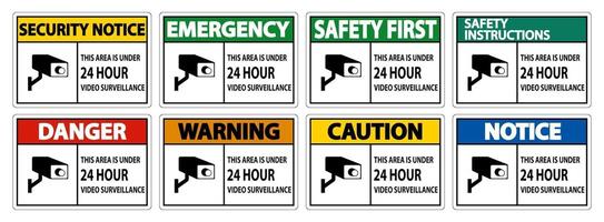 esta área está sob sinal de símbolo de vigilância por vídeo 24 horas isolado no fundo branco, ilustração vetorial vetor