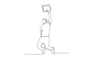contínuo linha desenhando do jovem feliz masculino aluna pulando para comemoro dele final exame resultado graduação mão desenhado arte vetor