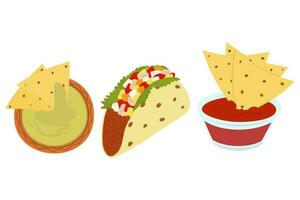 conjunto do 3 a maioria popular mexicano pratos. tacos, nachos e salsa molho. latim americano Comida cozinha. vetor