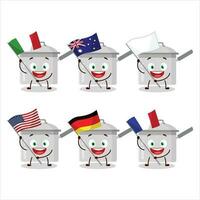 molho panela desenho animado personagem trazer a bandeiras do vários países vetor