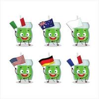abacate suco desenho animado personagem trazer a bandeiras do vários países vetor