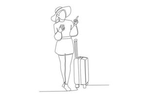 1 linha desenhando do lindo mulher vestindo chapéu em pé ao lado dela viagem bagagem conceito. contínuo linha gráfico desenhar Projeto vetor ilustração