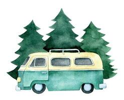 aguarela desenhando em a tema do estrada viagem, acampamento, viagem. fofa carro em a fundo do verde abeto árvores clipart vetor