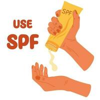 mãos aplicando protetor solar. usar spf. pele Câncer proteção. vetor ilustração para usando spf protetor solar creme.