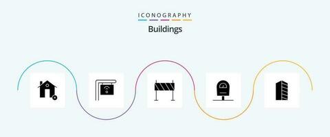 edifícios glifo 5 ícone pacote Incluindo construção. estacionamento. barreira. metro. estrada vetor