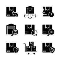 logística Preto glifo ícones conjunto em branco espaço. parcelas gerenciamento. ordens distribuição. Entrega. armazém. silhueta símbolos. sólido pictograma pacote. vetor isolado ilustração