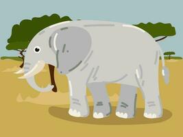 ilustração do uma desenho animado elefante dentro o safári, deserto. savana com uma engraçado grande elefante. uma cinzento elefante dentro Está habitat. crianças ilustração, impressão para crianças livros vetor