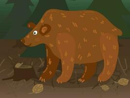 ilustração do uma desenho animado Urso dentro a floresta. floresta mundo com uma alegre grande urso. a Urso é dentro Está usual habitat. crianças ilustração, impressão para crianças livros vetor