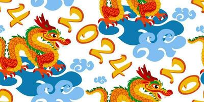 uma padronizar com laranja chinês dragões em nuvens e com a números 2024. desenhado à mão. abstrato arte imprimir. papel de parede, tecido projeto, tecido, guardanapo, têxtil Projeto modelo, fundo. mitológico vetor
